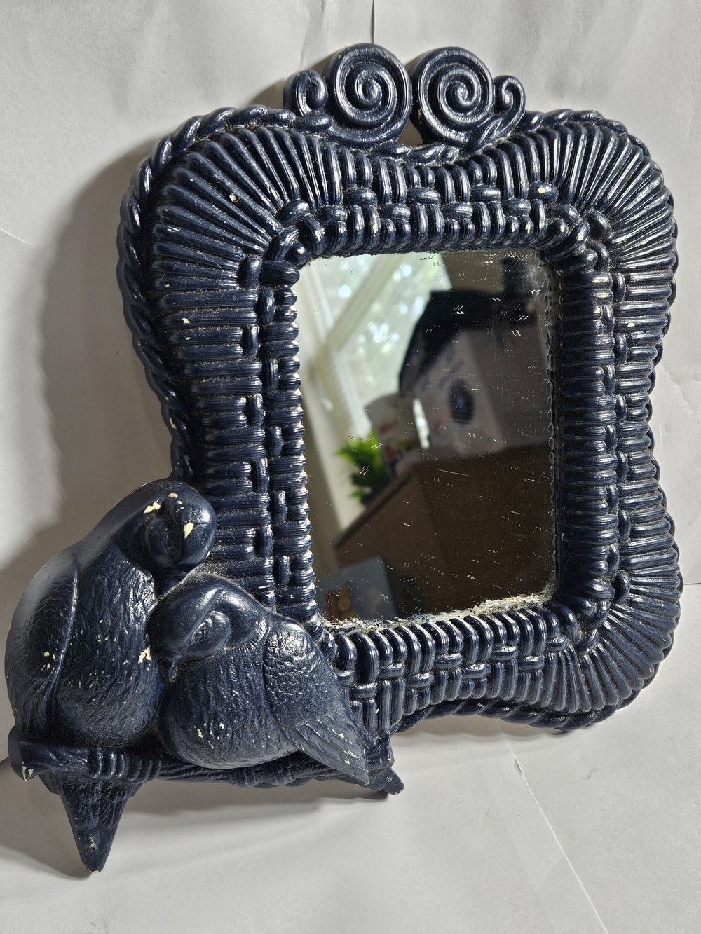 Vintage Homco Faux Rattan Vintage Burwood Lovebirds Dove Mirror Boho Wall Decor